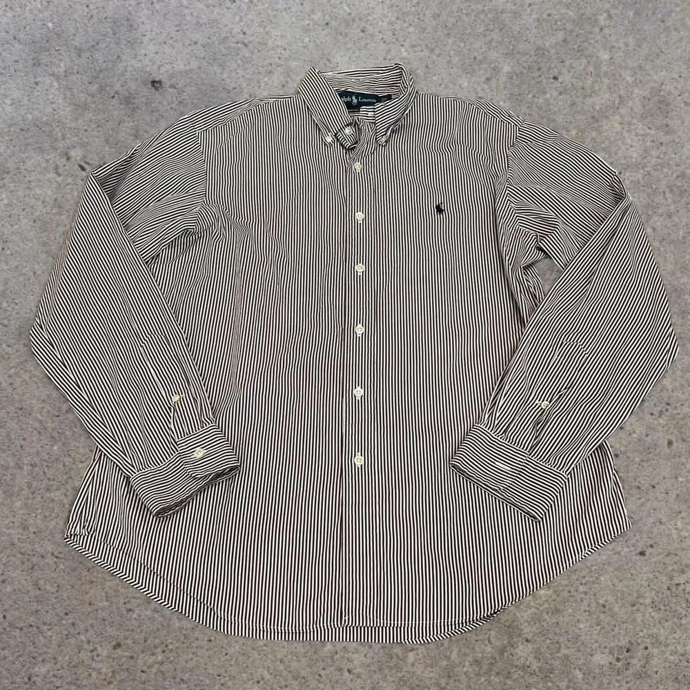 Vintage Polo Ralph Lauren Brown White Stripe Casual Dress Button Shirt Large
